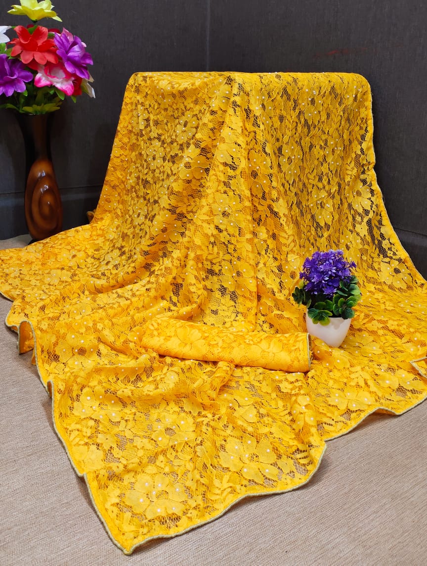Motichur Latest Heavy Designer Party Wear With Raffle Jequared With Stone Work Stylish Look Saree Collection
