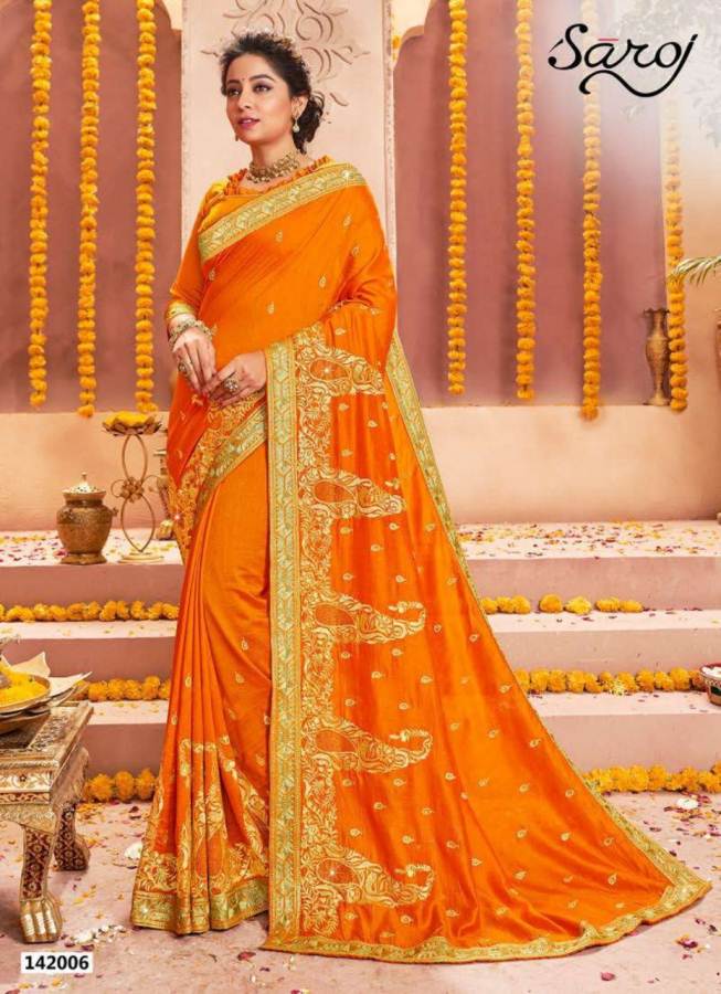 Saroj Rajdhani Latest Designer Heavy Embroidered Wedding Wear Vichitra Silk Saree Collection