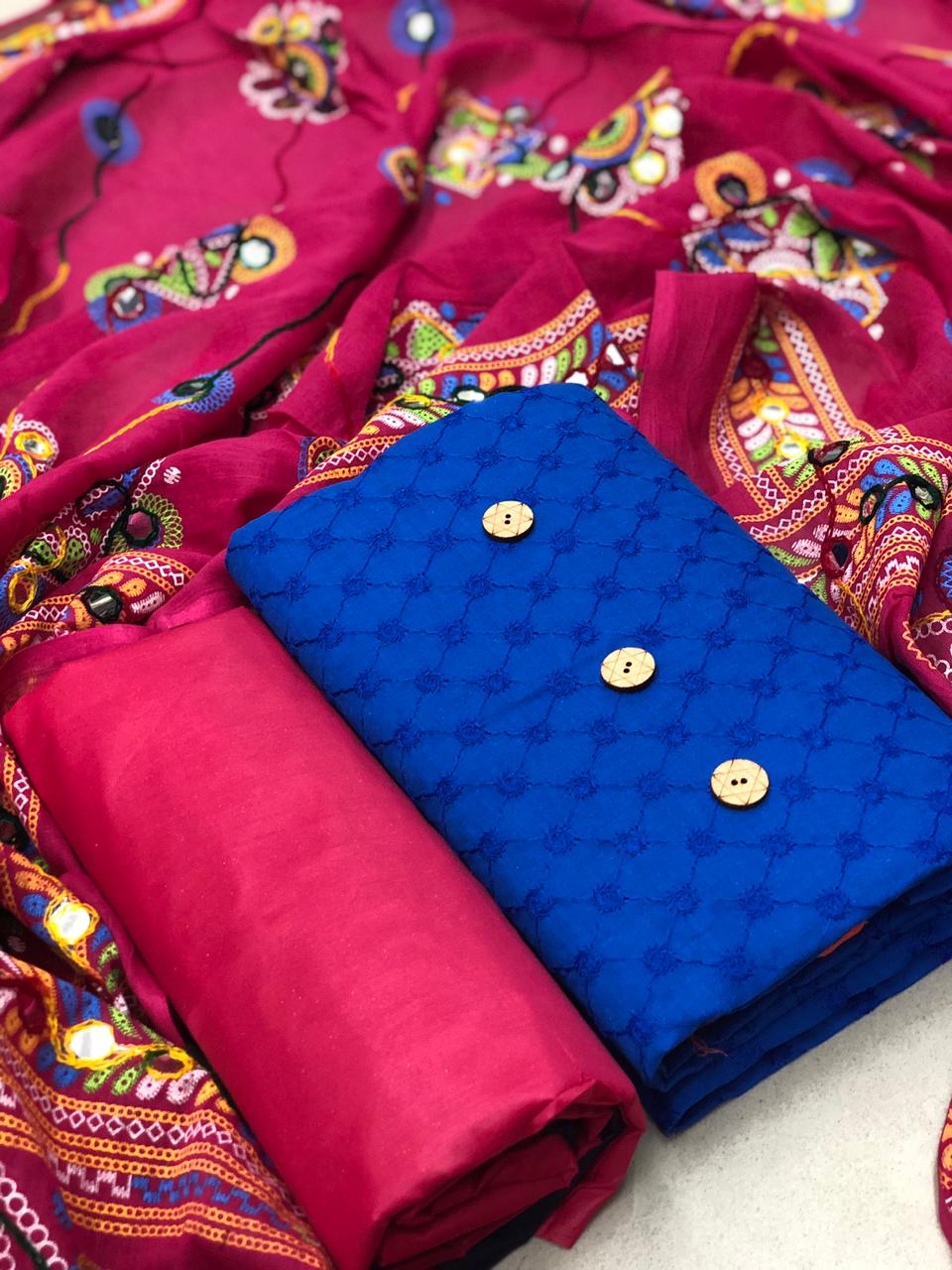 Chiffli Dress Materials 2 Casual Wear Colored Chiffli Cotton With Fancy Buttons Print With Colorful Dupatta Dress Material Collection