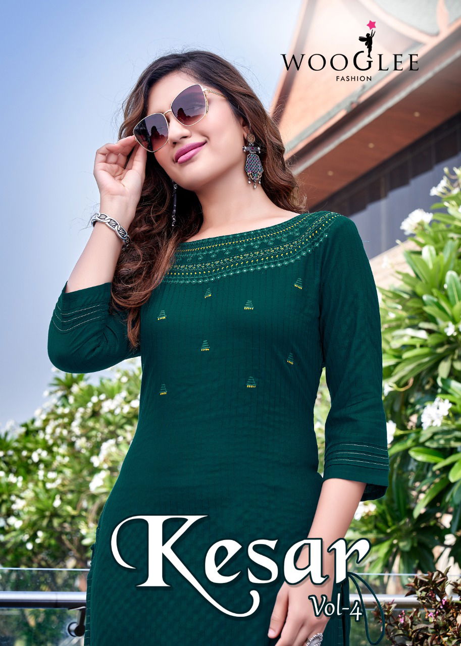 Wooglee Fashion Kesar Vol 4 Rayon Party Wear Weaving With Embroidery Hand Work Kurti With Pant Collection