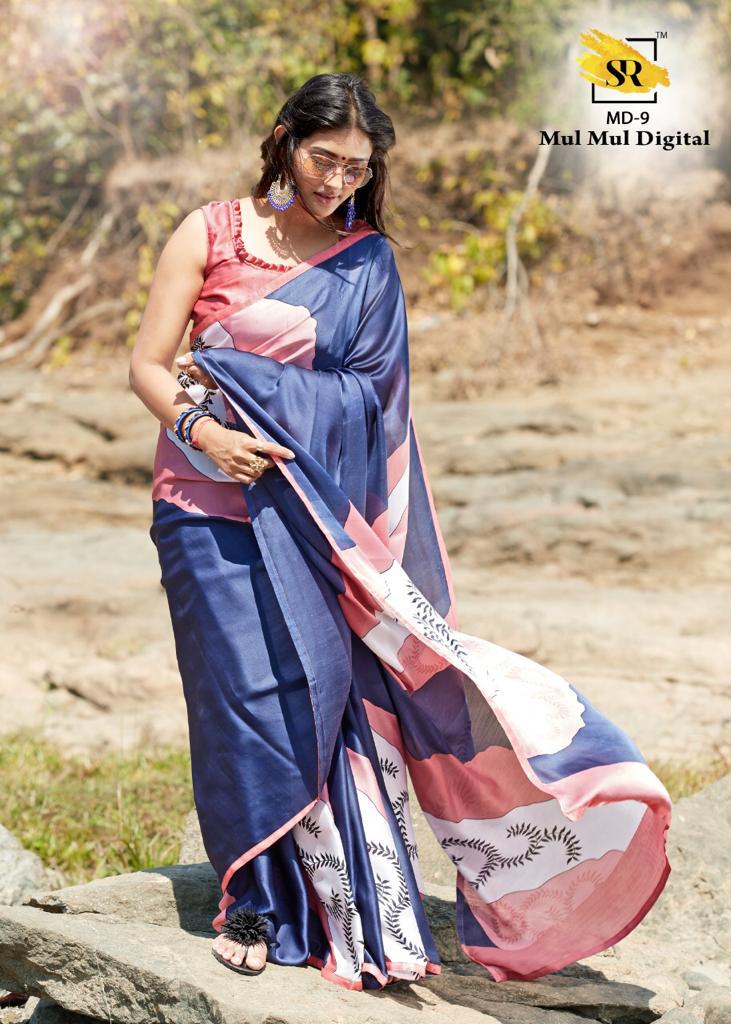 Sr Mulmul Digital Exclusive Designer Digital Printed Party Wear Satin Saree Collection 