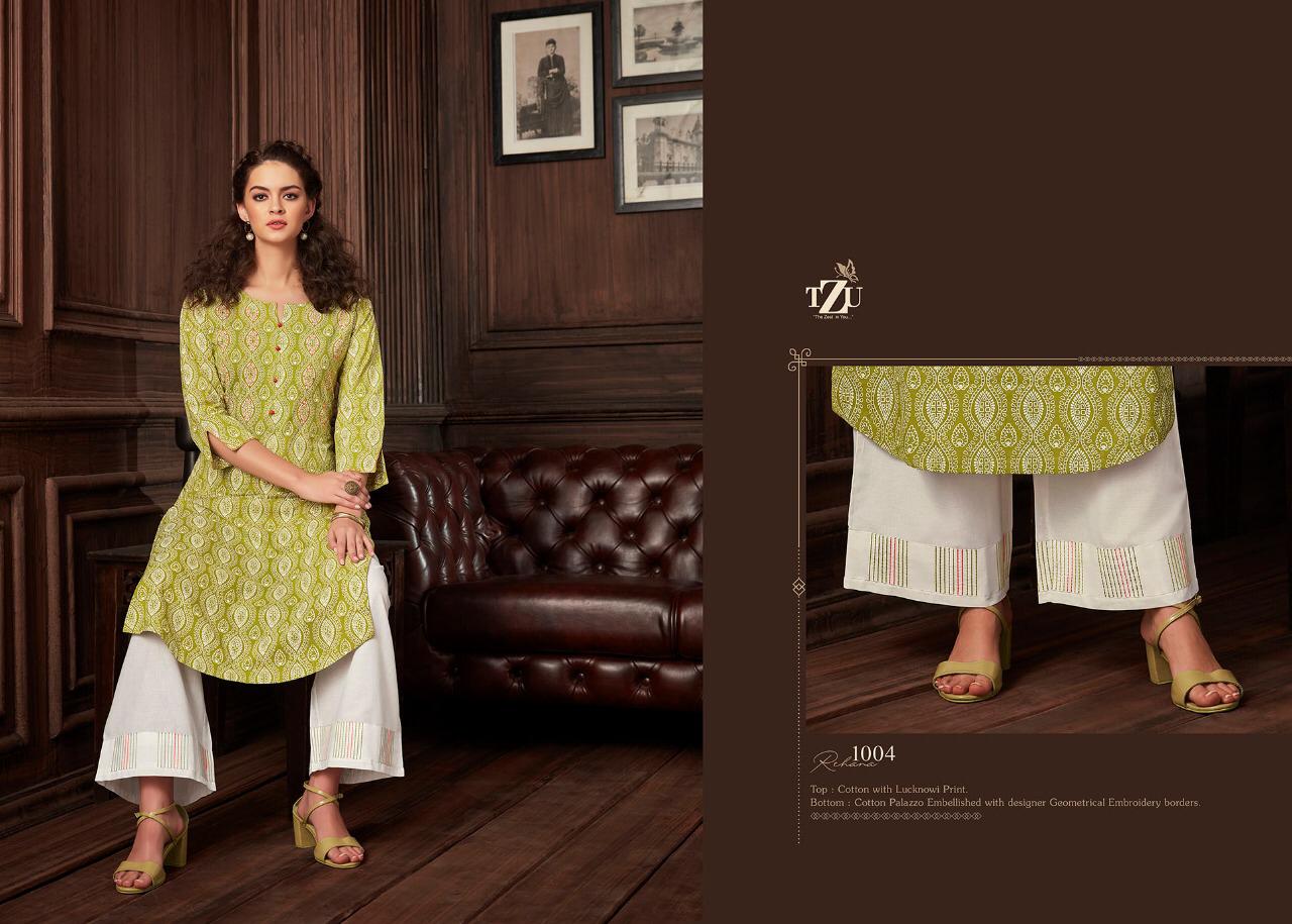TZU REHANA Latest Casual Wear Lucknowi Print With Embroidery Work Pure Cotton Kurti With Palazzo Collection 
