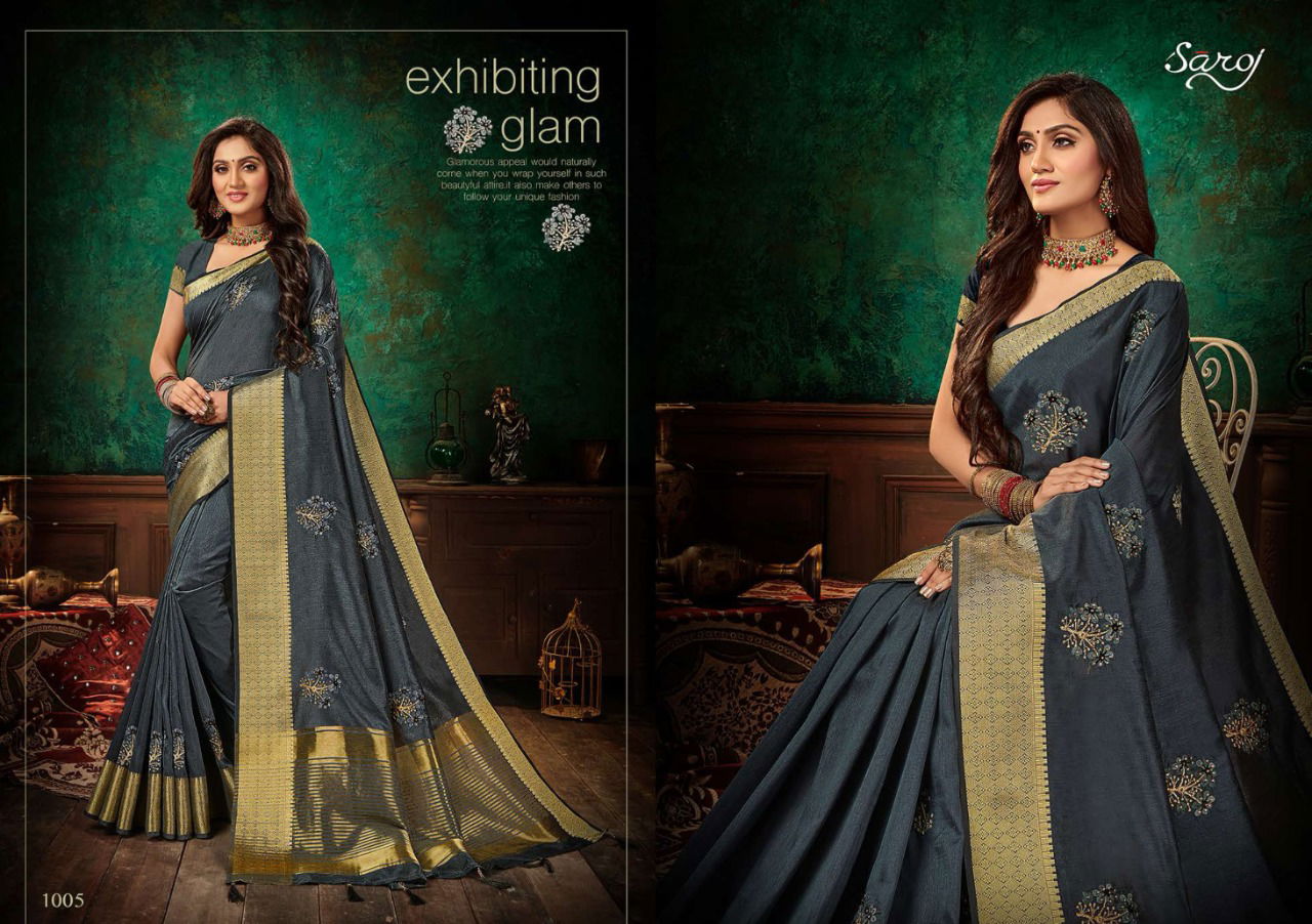 SAROJ ASHWAGANDHA Designer Fancy Casual Wear Soft Vichitra Silk with Banarsi Border and Multi Embroidery Work Saree Collection