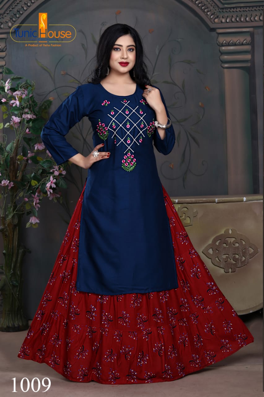 Tunic House Nexa 4 Embroidery Fancy Ethnic Wear Rayon With Embroidery Kurtis With Skirt Collection 
