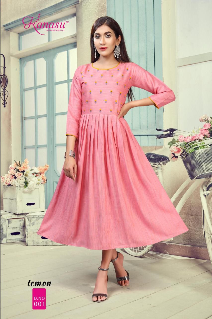 Kanasu Lemon Heavy Rayon Ethnic Wear Anarkali Long Designer Kurtis Collection
