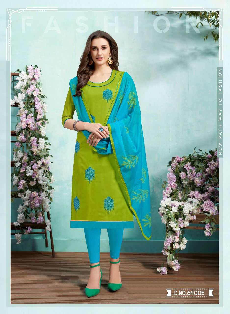 Kiss Miss 64 Designer Lawn Cotton Fancy Churidar Dress Material With Work and Four sided Lace Border Dupatta 