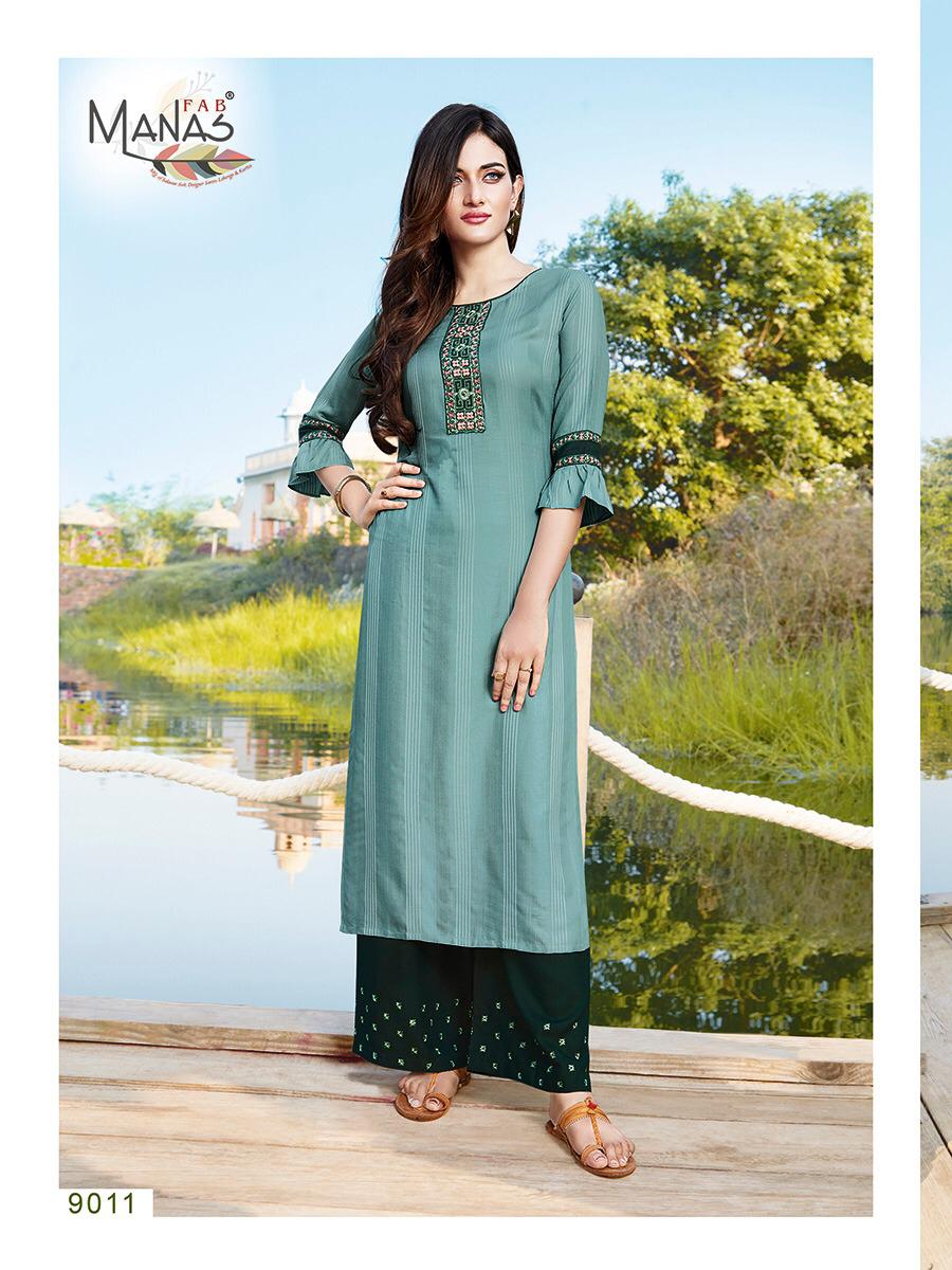 Manas Hirwa 2 Latest Designer Collection Ethnic Wear Rayon Embroidery Work Straight Kurti With Bottom 
