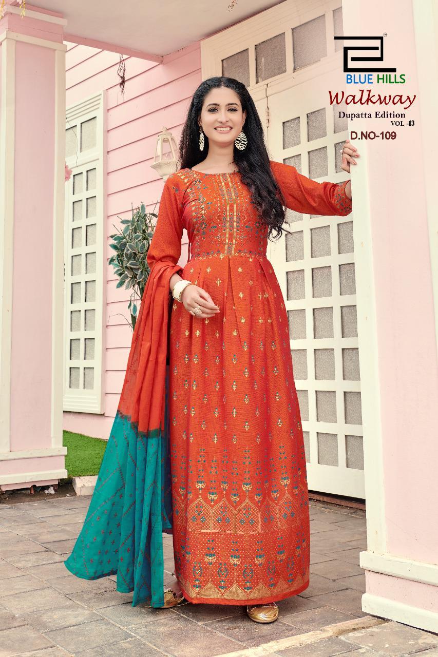 Blue Hills Walkway 13 Anarkali Long Printed Party Wear Kurtis With Dupatta Latest Collection
