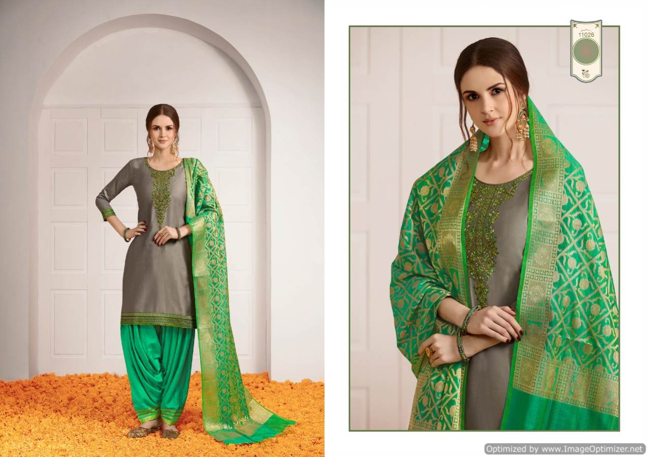 Kalaroop New Launch Of Designer Embroidered Work With Slub Rayon Bottom And Banarasi Silk Dupatta Ready Made Patiala