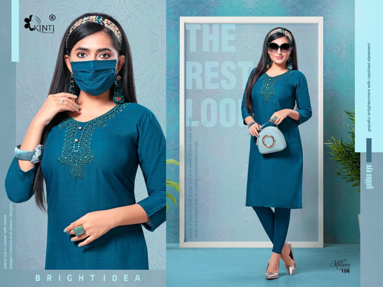 Kinti Millano Latest Designer Straight Neck Mirror Embroidery Work Style Kurtis Collection  