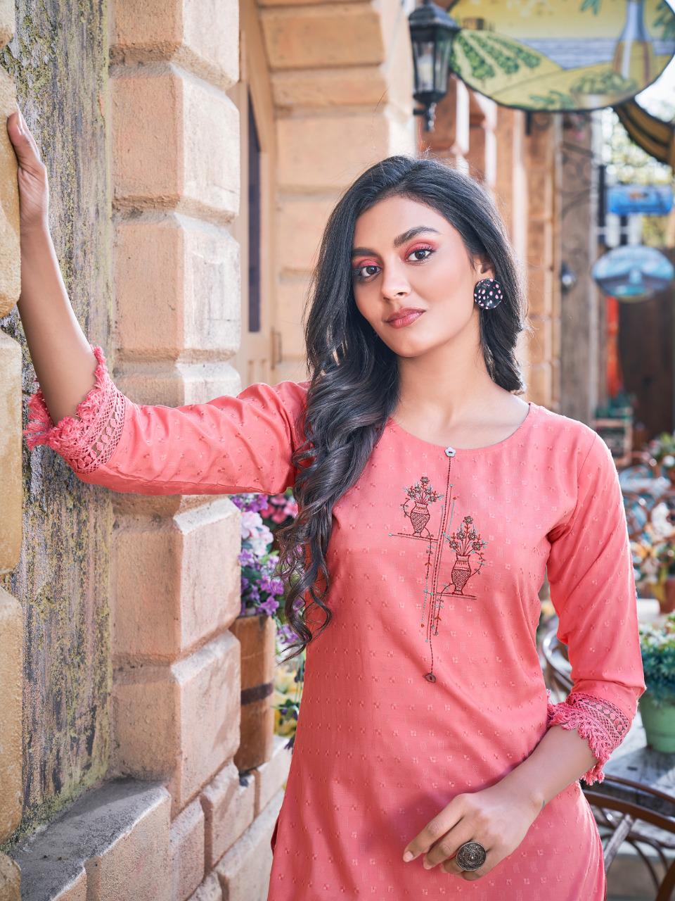 P3 Star Gold Latest Fancy Designer Ethnic Wear Poly Rayon Embroidery Kurti With Bottom Collection
