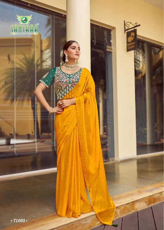 New Arrival By Sanskar Simar Chiffon With Contrast Embroidery Saree Wholesale In India