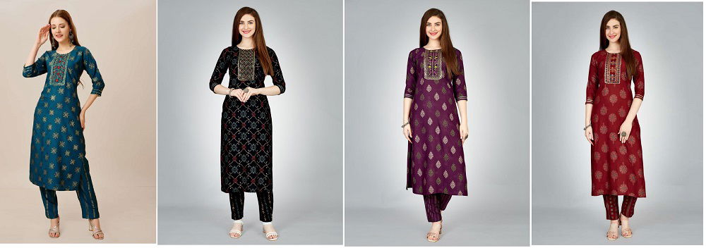 Radhika 1 Heavy Rayon Foil Printed Embroidery Kurti With Bottom Wholesale Shop In Surat
