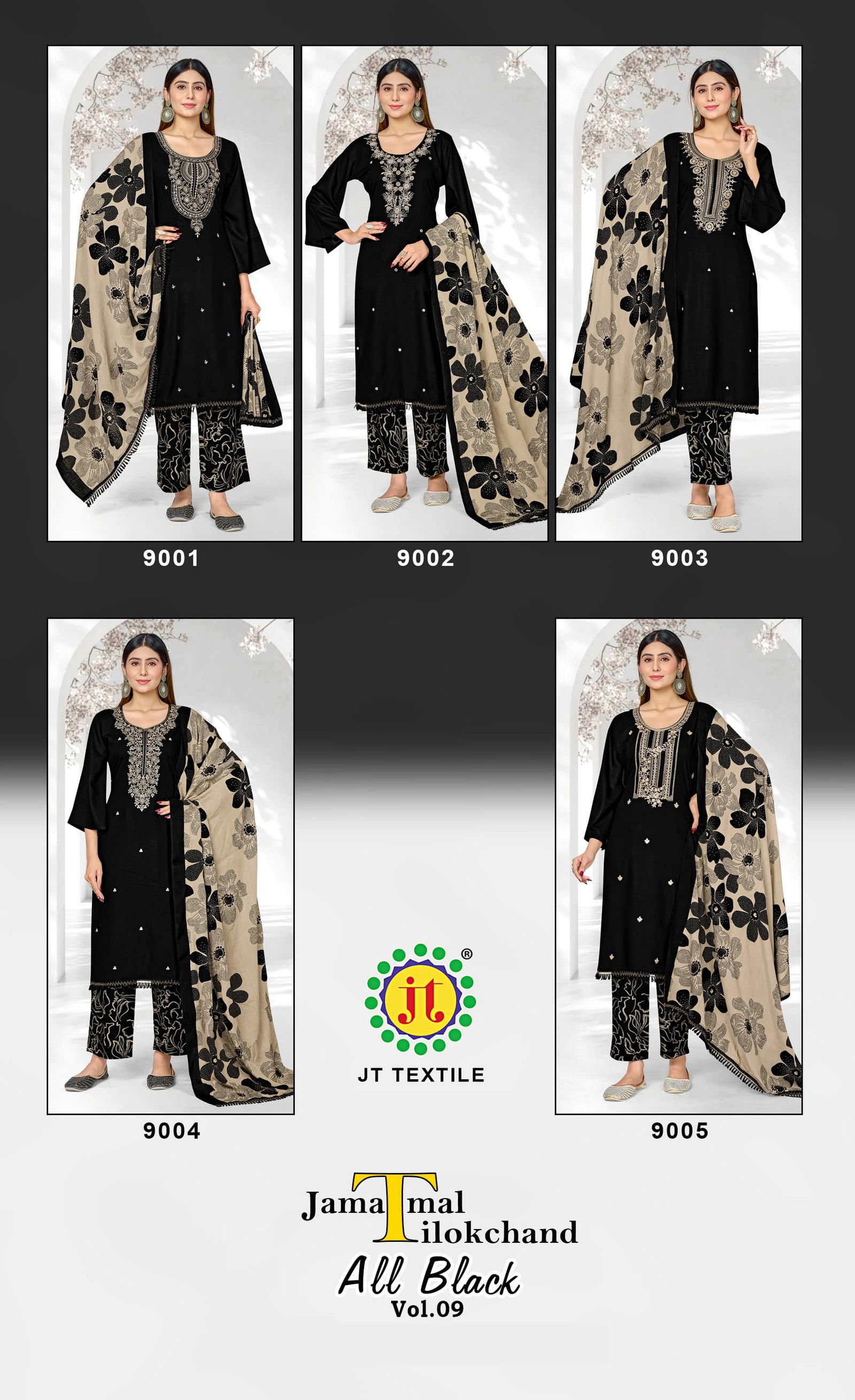 Jt All Black Vol 9 Rayon Embroidered Dress Material Collection
