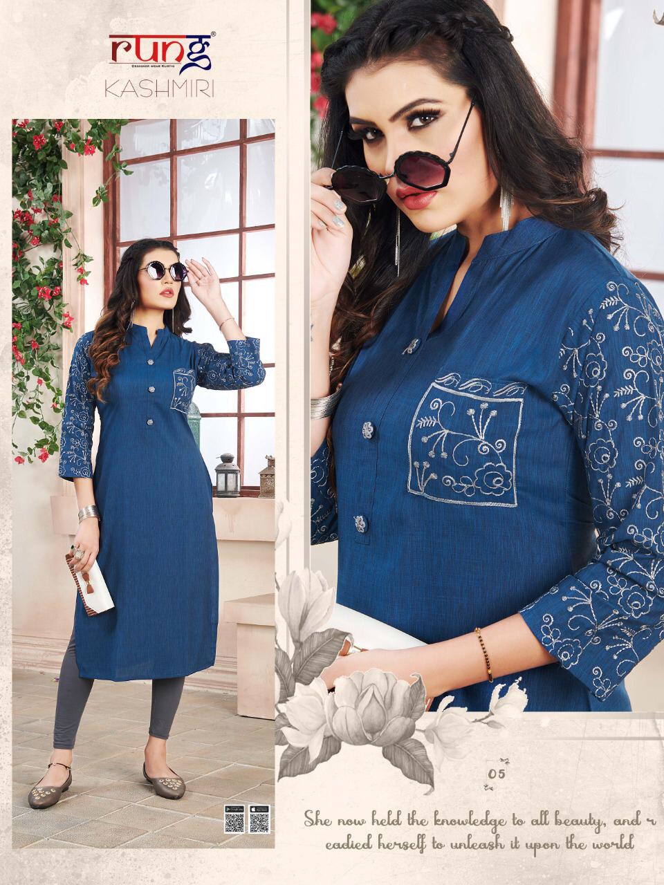 RUNG KASHMIRI Latest Fancy Regular Wear Heavy Luxuriya Rayon  With Manual Embroidery work Kurtis Collection