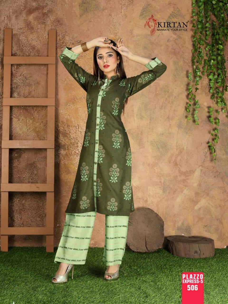 Kirtan Plazzo Express Fancy Designer Regular Wear Rayon Printed Kurti With Bottom Collection
