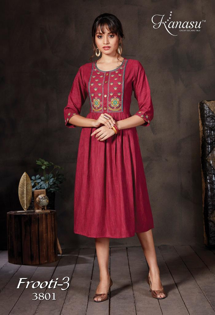 Kanasu Frooti 3 Ethnic Wear Fancy Rayon Flair Kurtis Collection
