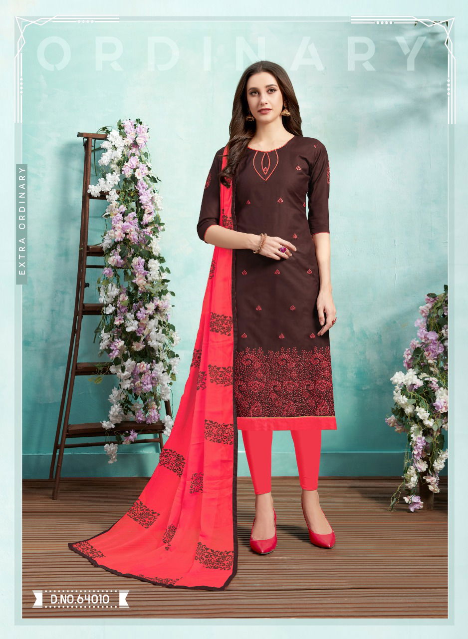 Kiss Miss 64 Designer Lawn Cotton Fancy Churidar Dress Material With Work and Four sided Lace Border Dupatta 