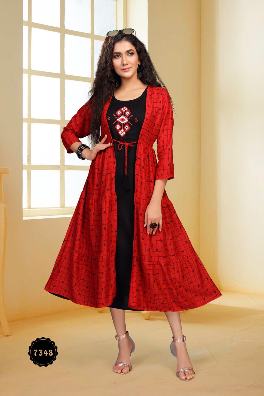 Ft Peacock Casual Wear Rayon Kurtis With Attached Jacket Collection
