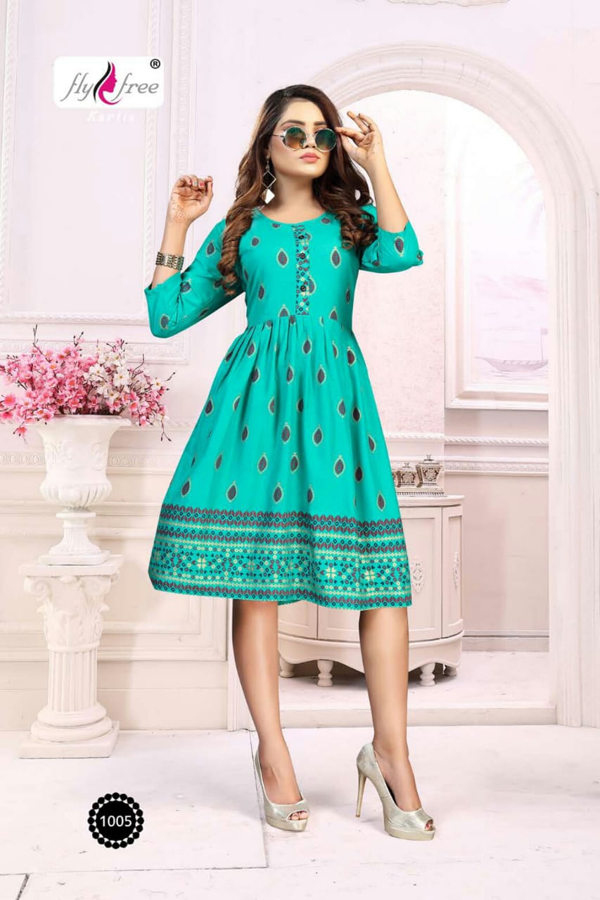 Fly Free Phonix Latest fancy bcasual wear Rayon Printed Designer Anarkali Kurtis Collection
