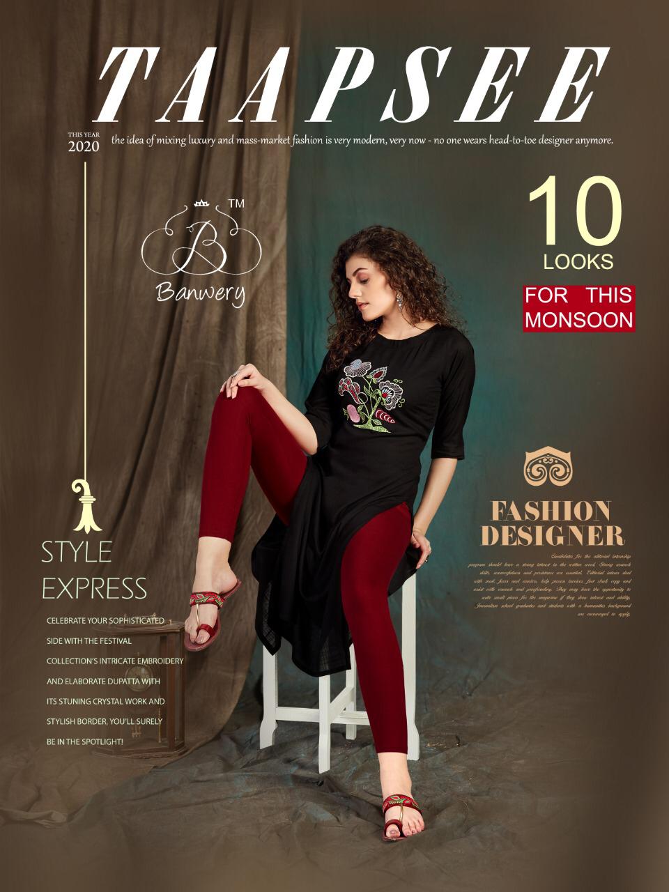 Banwery Taapsee Heavy Slub Rayon Airjet With  Embroidery Work Designer Kurtis Colections