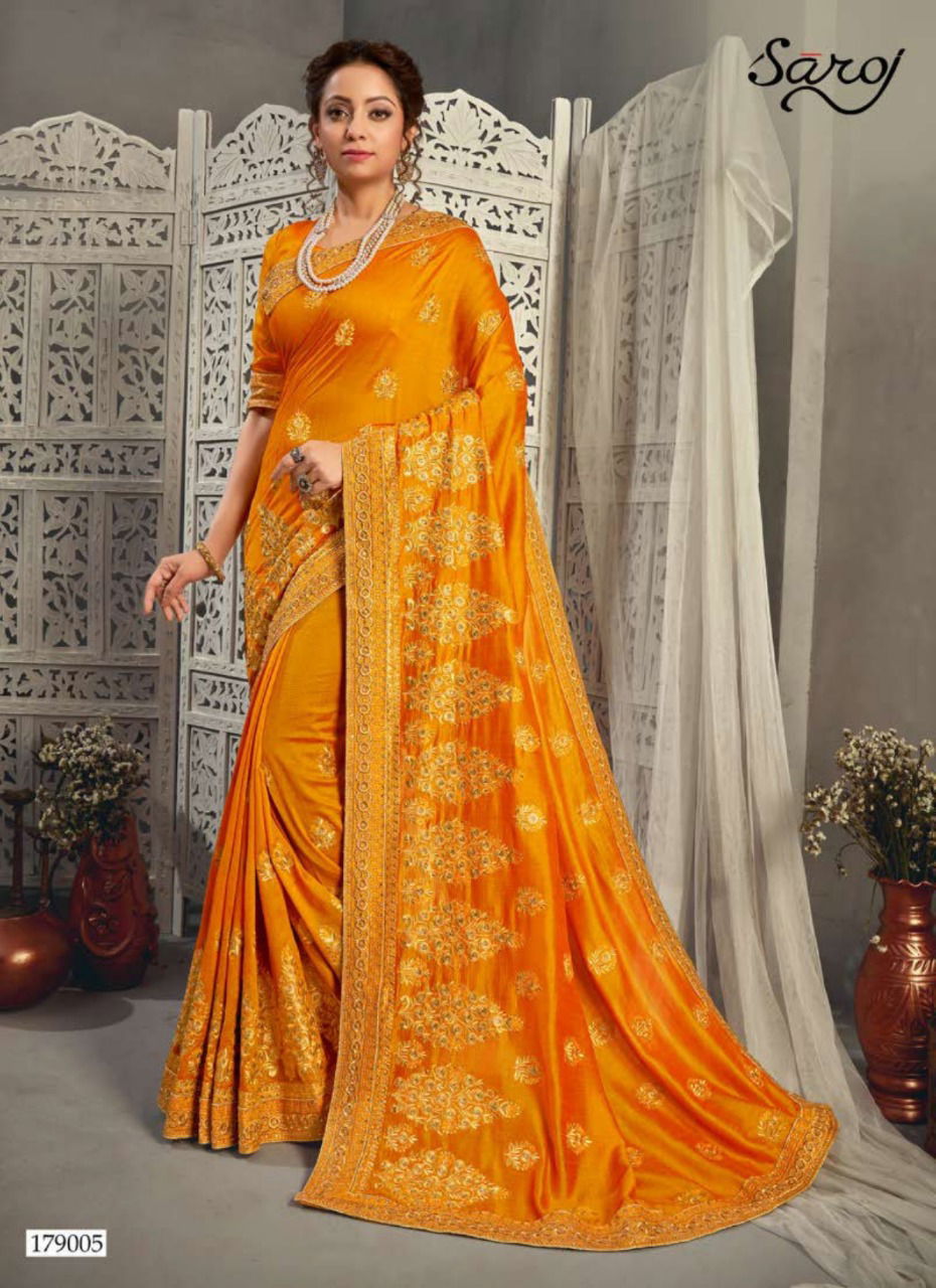 SAROJ VIDHA Latest Fancy Designer Heavy Festive Wear Vichitra Silk With Heavy Embroidery and Diamonds Work and Butti Saree Collection