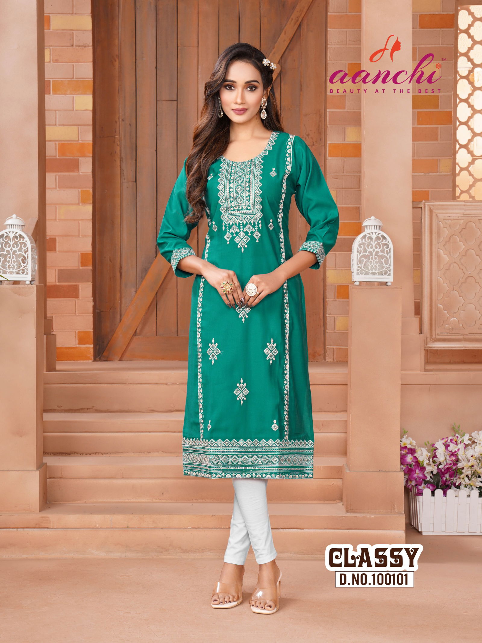 Classy By Aanchi Roman Silk Embroidery Straight Kurtis Exporters In India