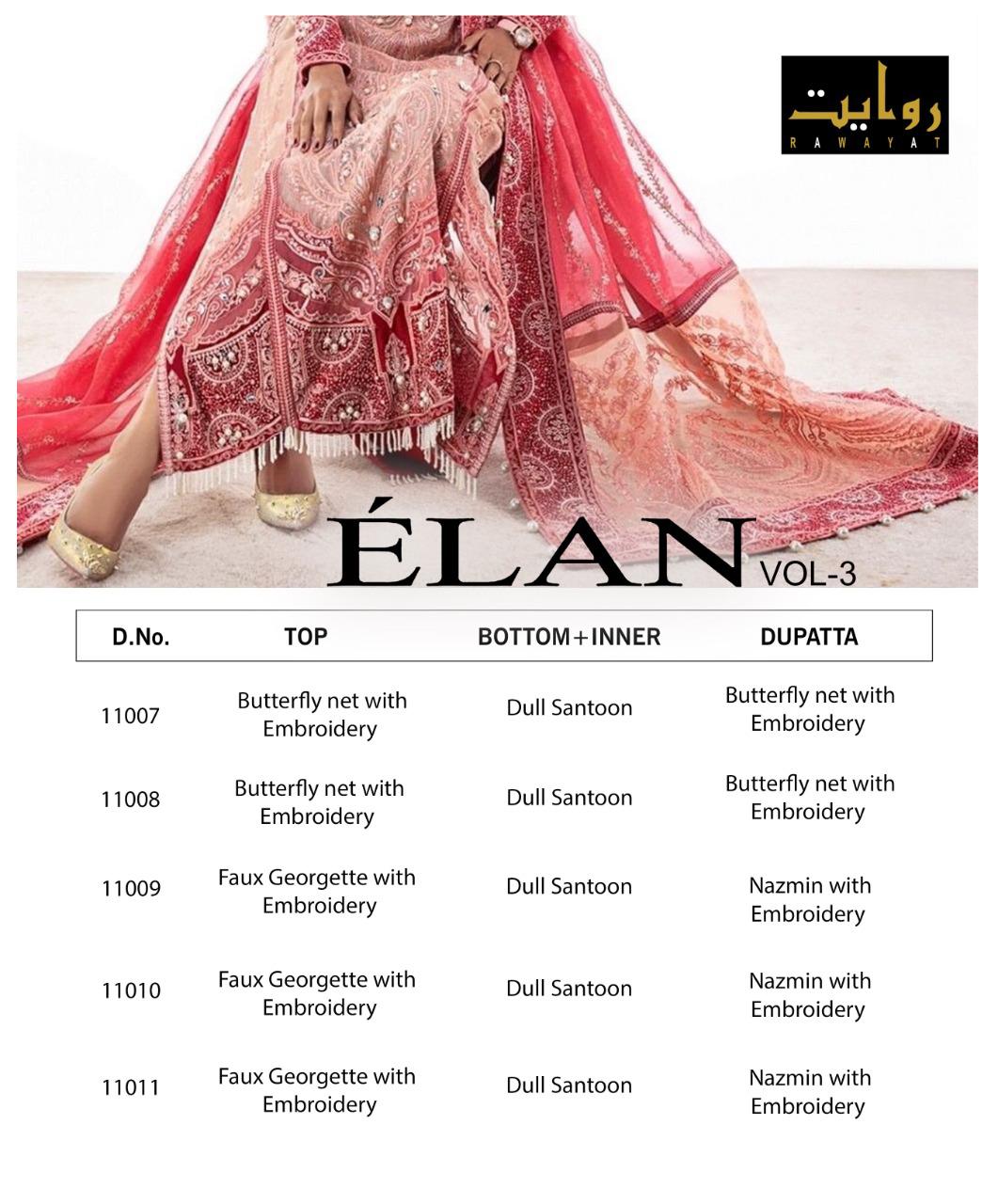 Rawayat Elan 3 Latest Fancy wedding Wear Butter fly net And Embroidery Work top With Dupatta Pakistani Salwar Suits Collection
