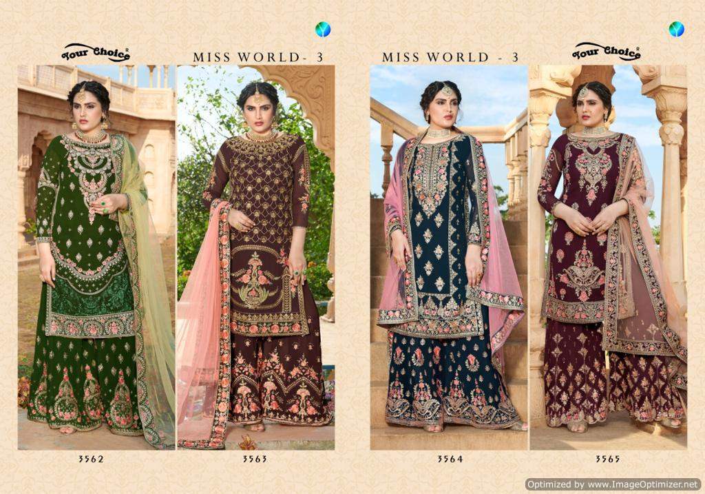 Your Choice Miss World 3 Exclusive Collection Of Heavy Wedding Wear Designer Salwar Suits With Soft Net Heavy Embroidery Border Dupatta