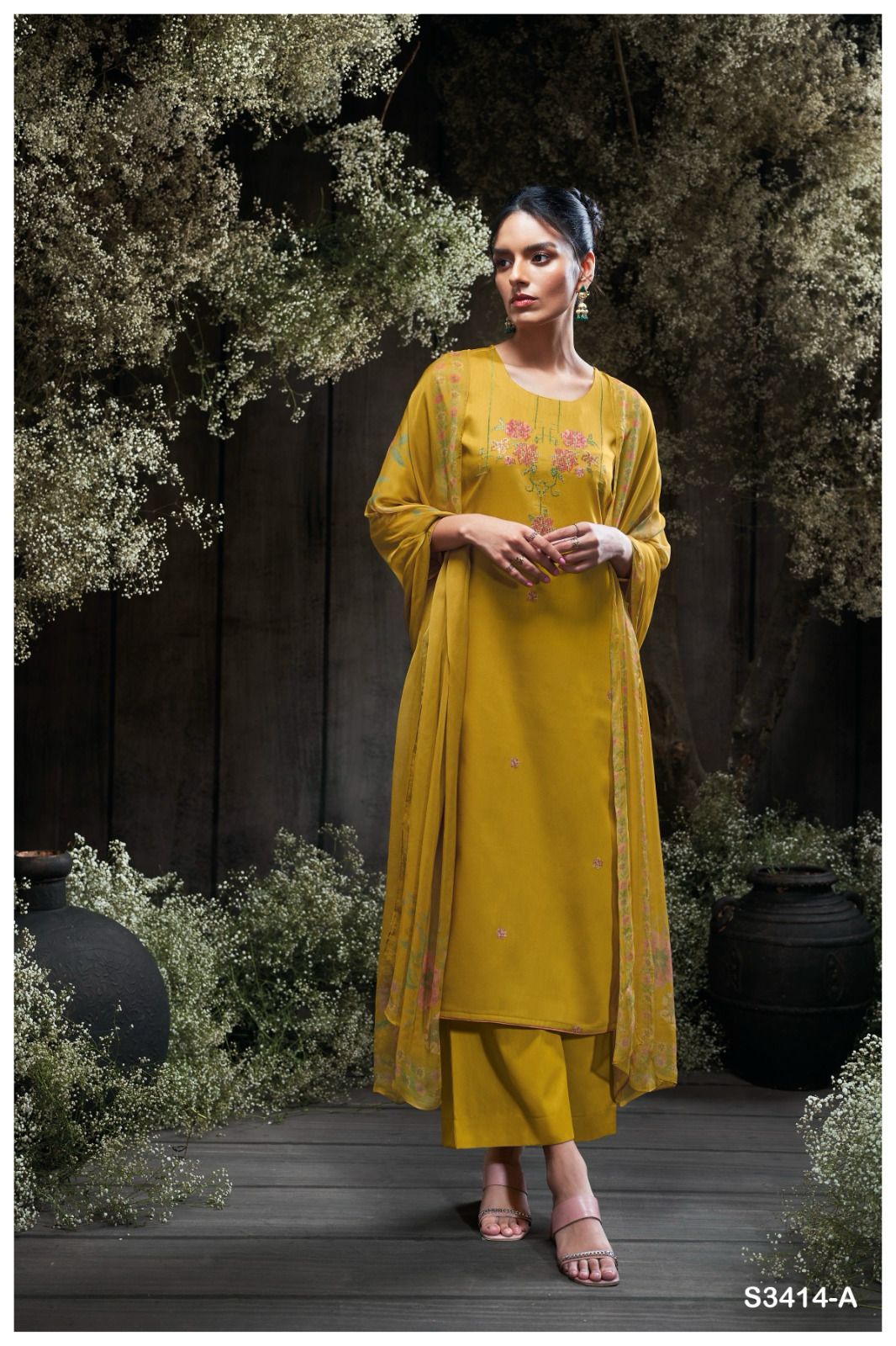 Jaeda 3414 by Ganga Cotton Silk Embroidery Salwar Suit Suppliers In India