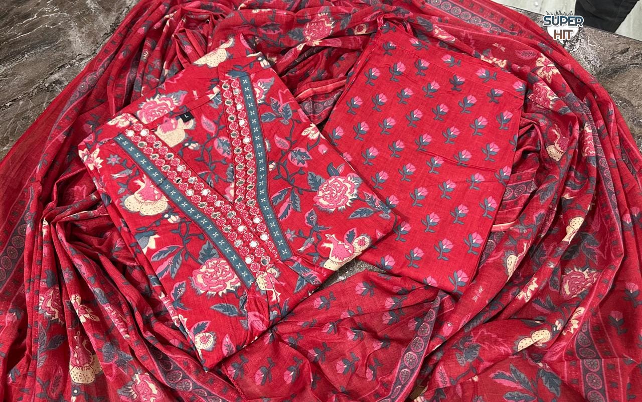 KF Red Kalaai Hand Block Printed Kurti With Bottom Dupatta Wholesalers In Delhi