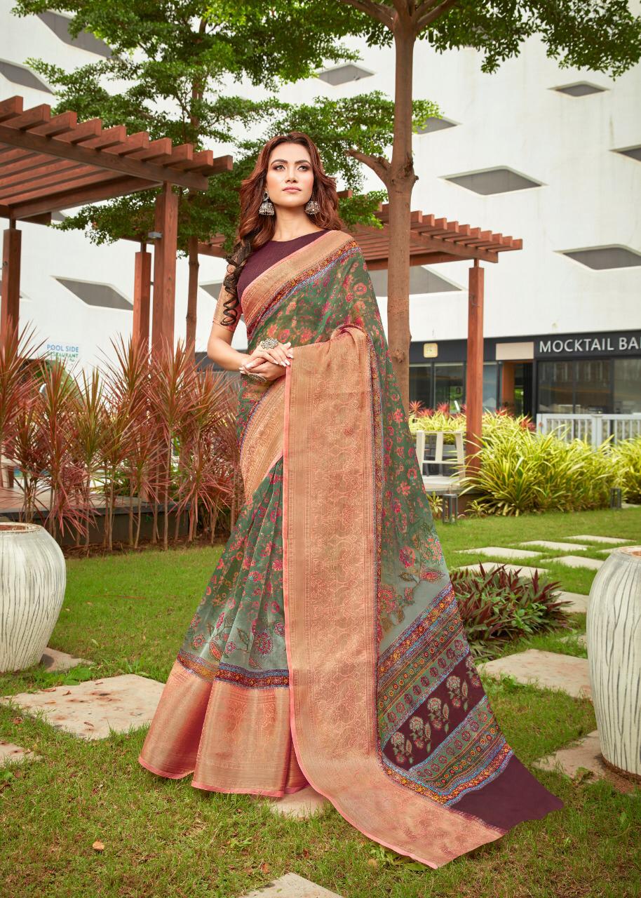 Shvetamber Peacock Kutthu Pattu Latest Designer Party Wear Stylish Digital Printed Organza Saree Collection 