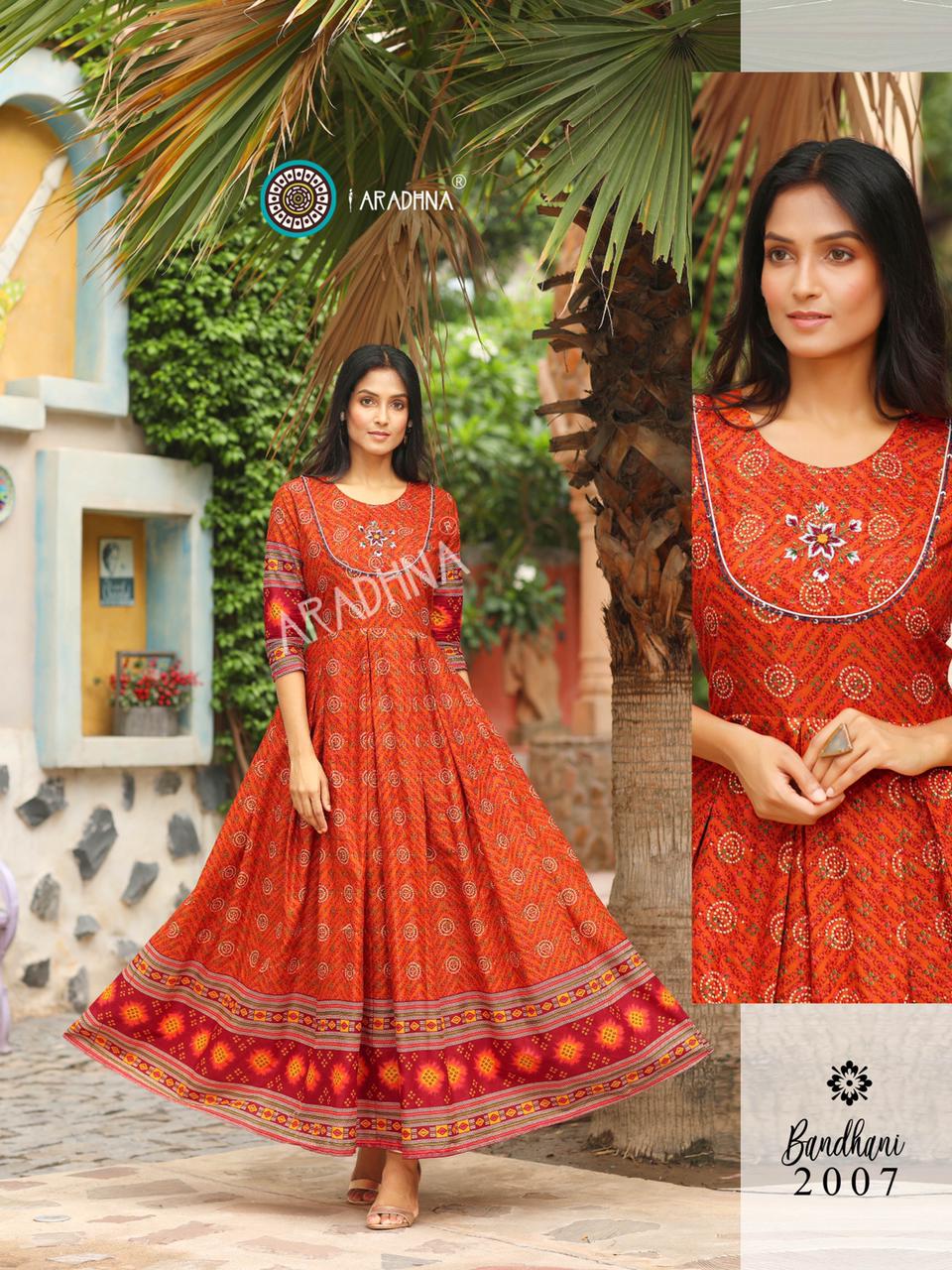 Aradhna Bandhani 2 Heavy Cotton Printed Festive Wear Anarkali Long Kurtis Collection

