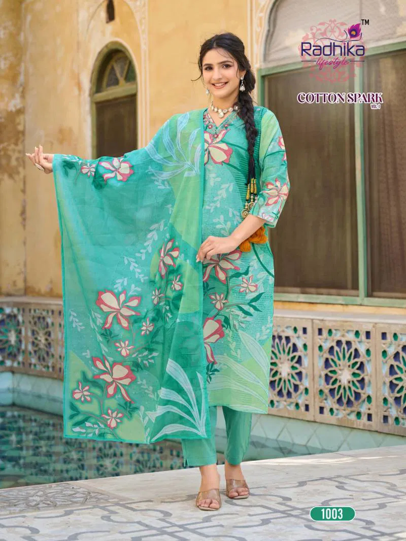 Cotton Spark Vol 1 By Radhika Cotton Printed Kurti Bottom With Dupatta Wholesale Clothing Distributors In India