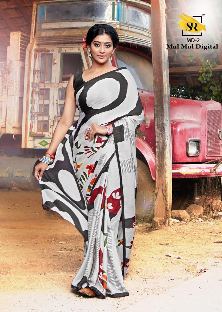 Sr Mulmul Digital Exclusive Designer Digital Printed Party Wear Satin Saree Collection 