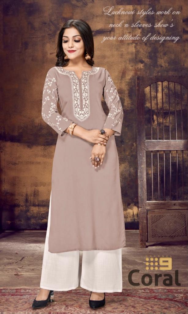 C9 Coral Latest Design Festive Wear Rayon With Embroidery Worked Kurti With Palazzo Kurtis Collection
