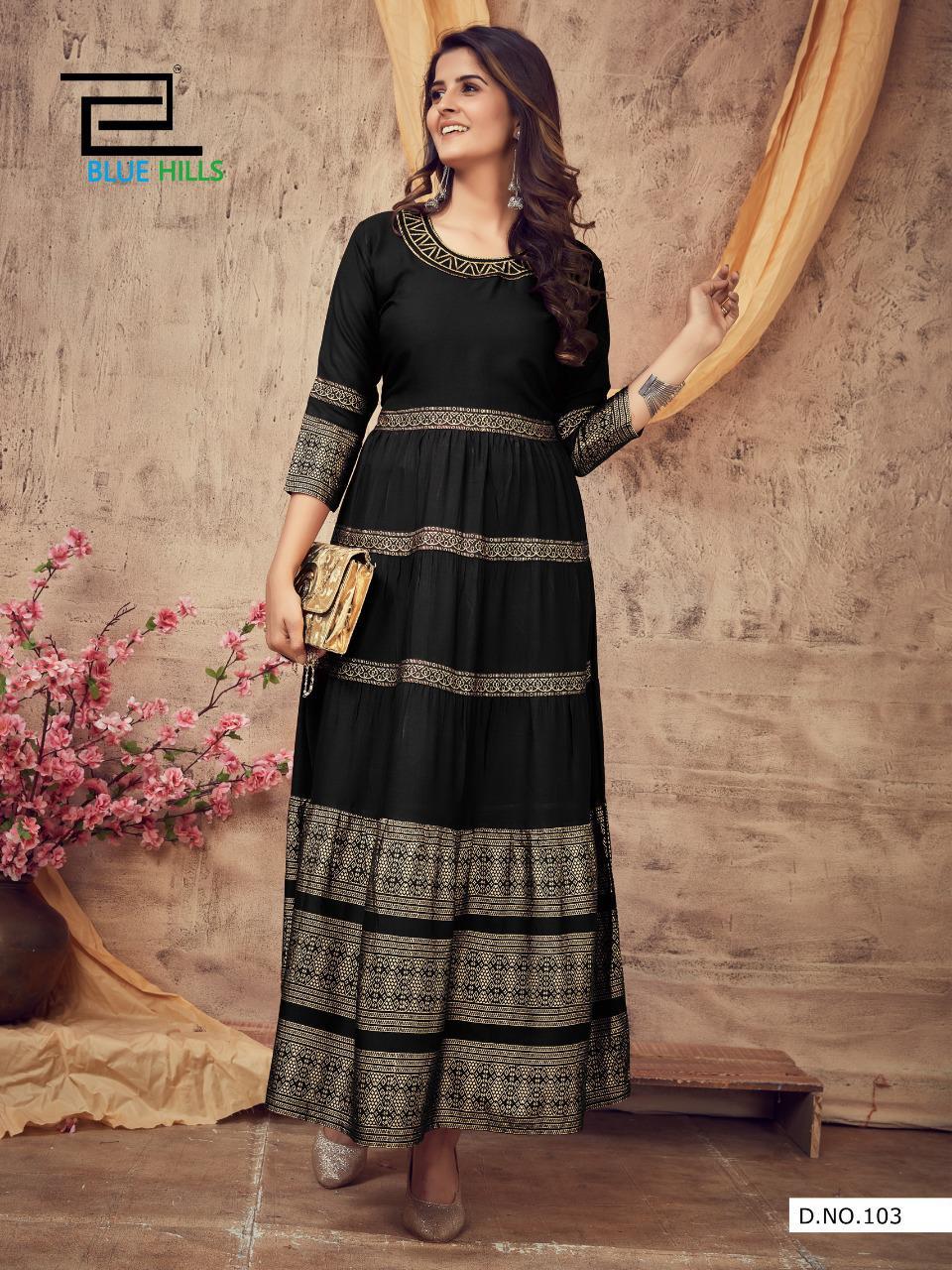 Blue Hills Leela 3 latest Fancy Designer Ethnic Party Wear Heavy Rayon With Gold Print Long Kurti collection
