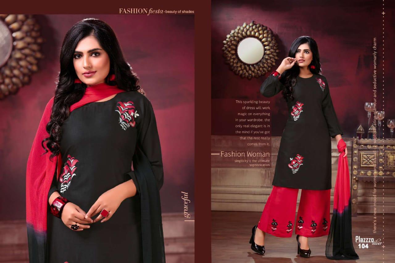 Plazzo Silver Daily Wear Latest Heavy Rayon With embroidery work Plazzo Suit  Collection 