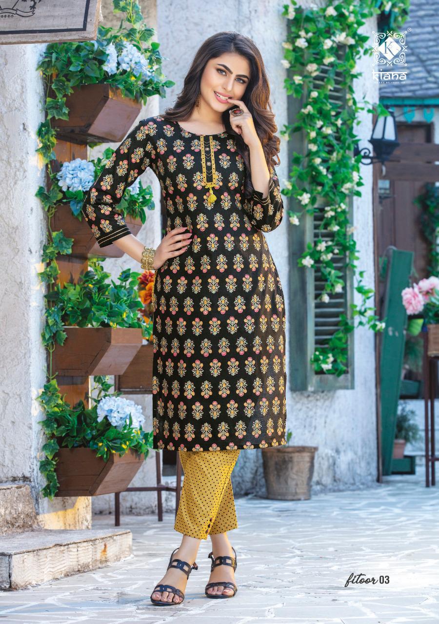 KIANA FITOOR Fancy Designer Festive Wear Rayon With Cotton Printed And Hand Work Kurtis With Bottom Collection