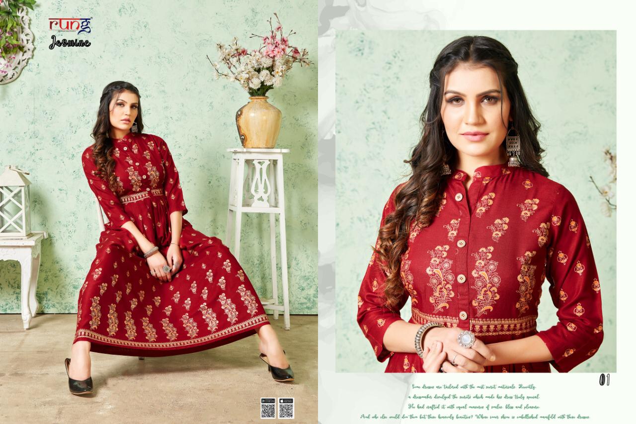 Rung Jasmine Latest Fancy Designer Casual Wear Rayon Gold Print Long Kurtis Collection
