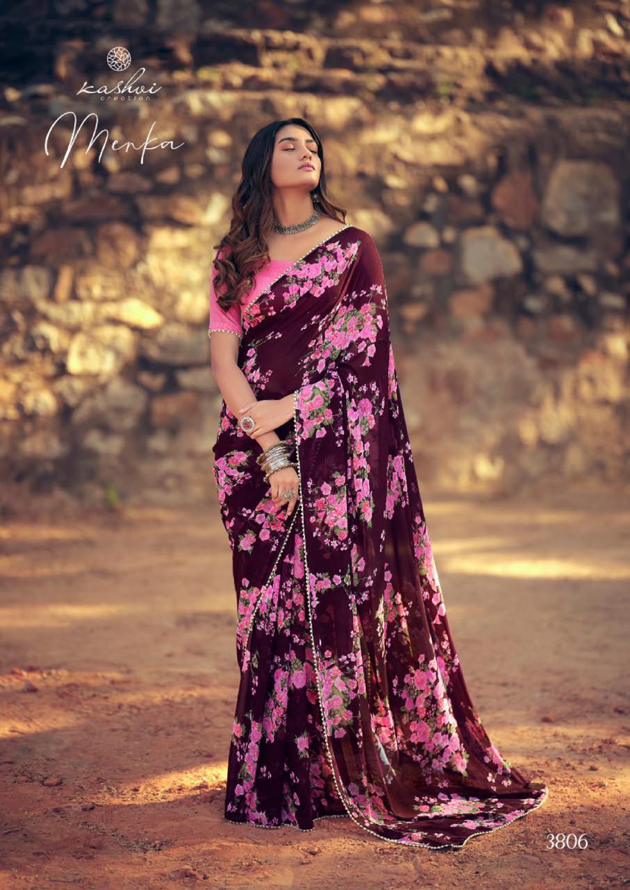 Kashvi Menka Latest Fancy Designer Festive Wear Silk Weightless Floral Chiffon Saree Collection
