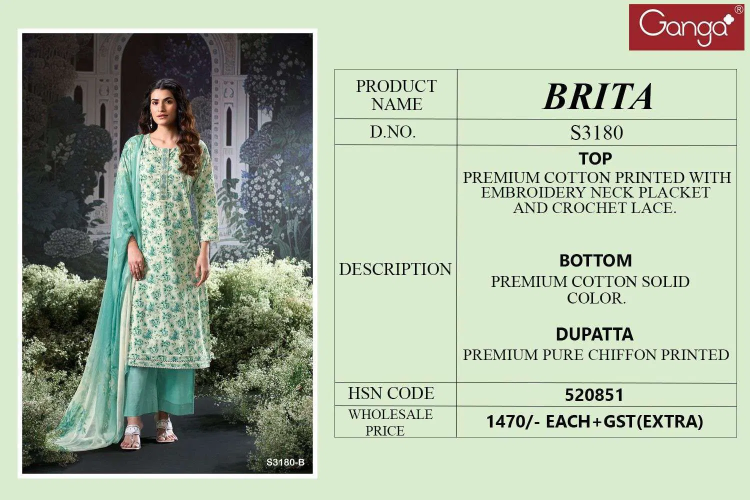 Brita By Ganga Cotton Printed Embroidery Wholesale Salwar Suit In India