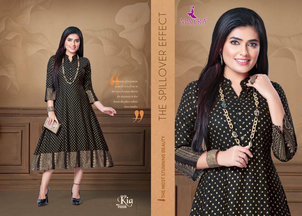 Mayra Kia 3 Latest Designer Party Wear Rayon Long Printed Kurti Collection 
