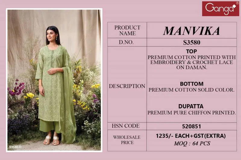 Manvika By Ganga Cotton Printed Embroidered Salwar Suit Wholesale Online