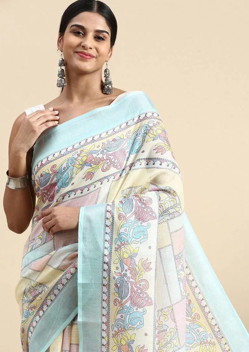 Linen Kantha Saree 1 Lilen Zari Patta Digital Kantha Stitch Printed Saree Bulk Orders In India