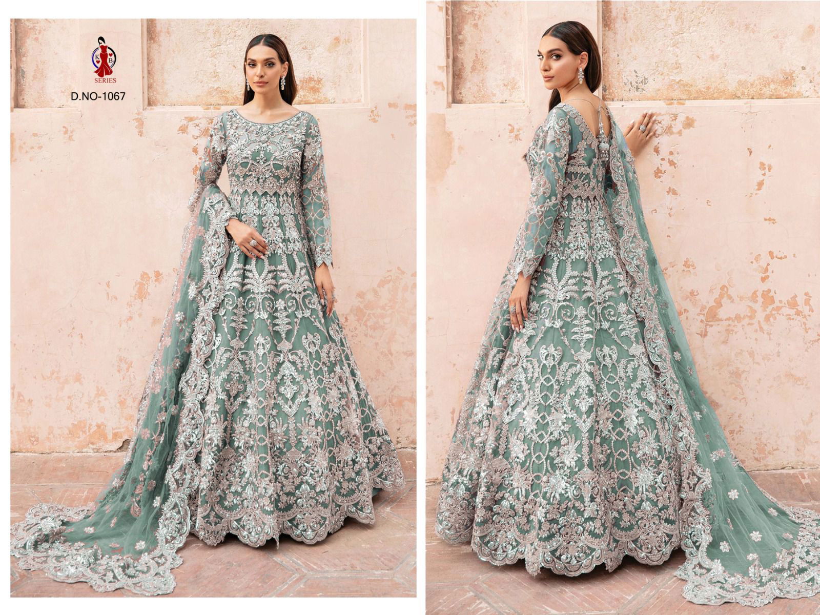 KB 1067 Sea Green Colour Heavy butterfly Net Bridal Anarkali Gown Suppliers In India