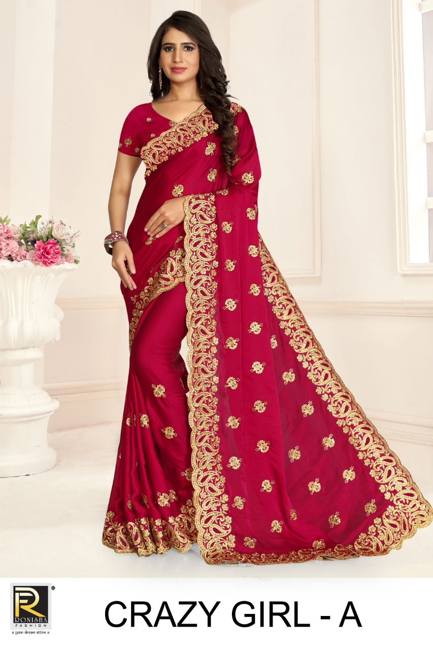 Ronisha Crazy Girl Latest Fancy Designer Festive Wear satin Blooming Embroidery Worked Sarees Collection
