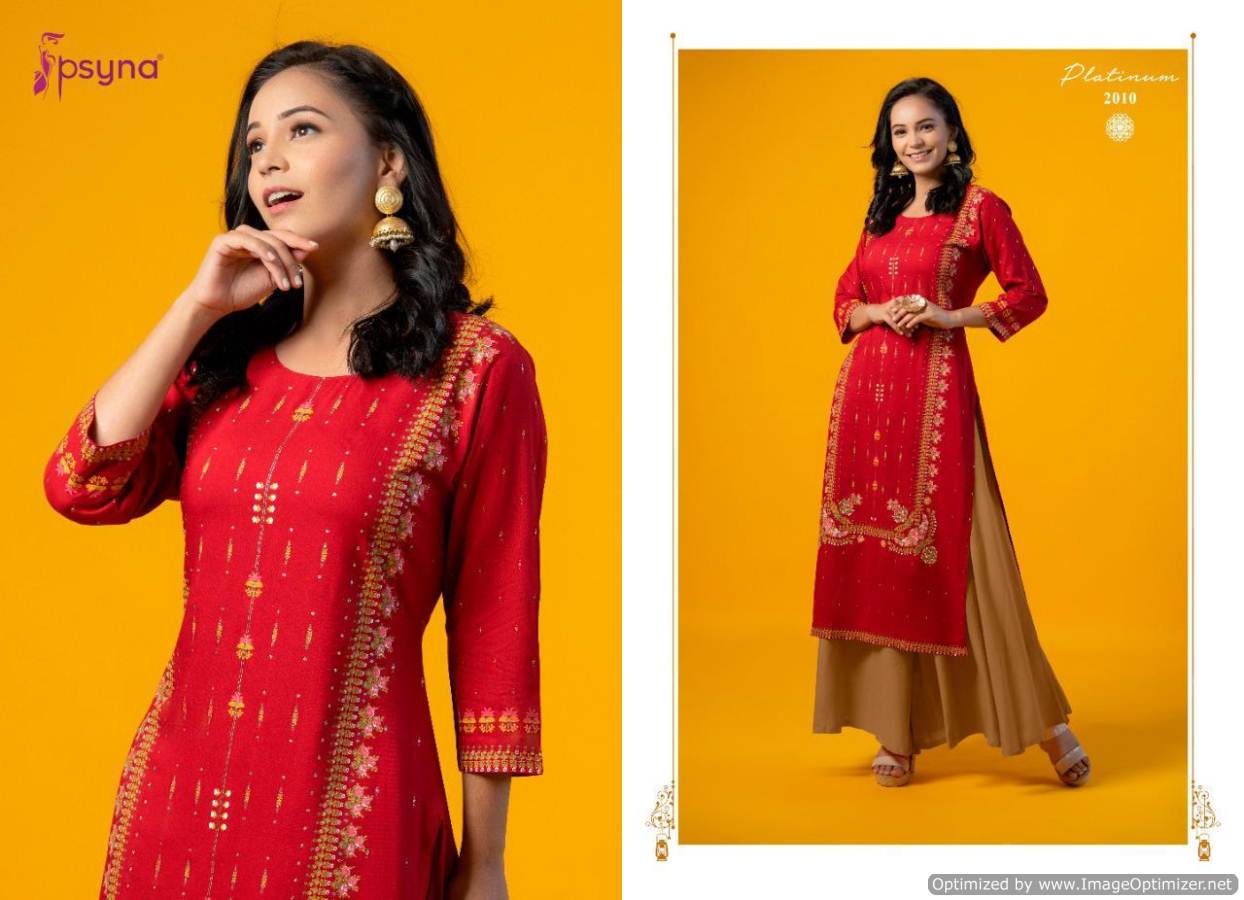 Psyna Platinum 2 Latest fancy Designer Ethnic Wear Heavy Rayon Gold Printed Kurti Collection
