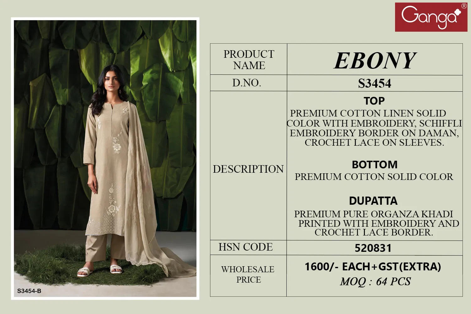 Ebony 3454 By Ganga Cotton Linen Embroidery Salwar Suit Orders In India