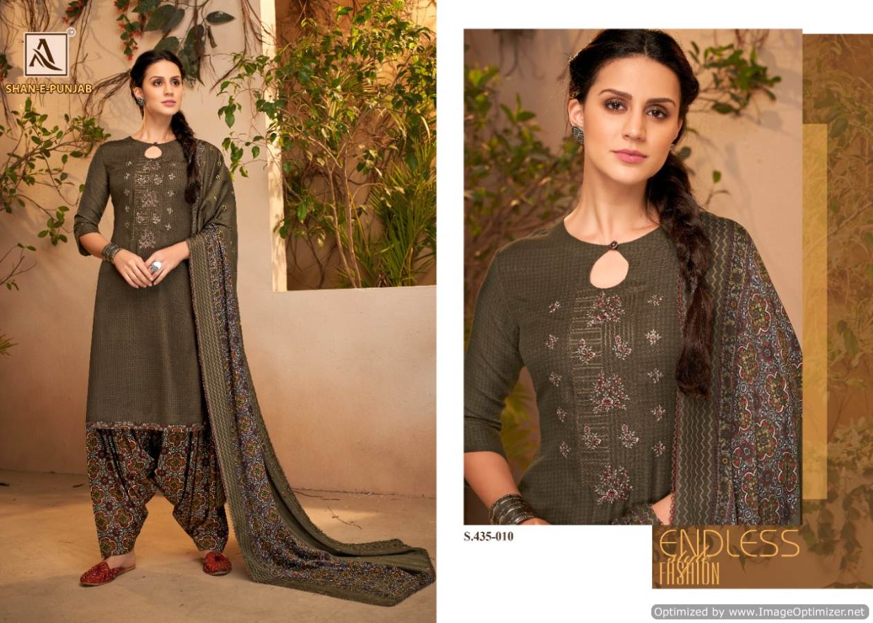 Alok Shan E Punjab Latest Designer Printed WIth Embroidery Work Dress Material With Pure Pashmina Shawl Print Dupatta With Four Side Lace Dupatta 